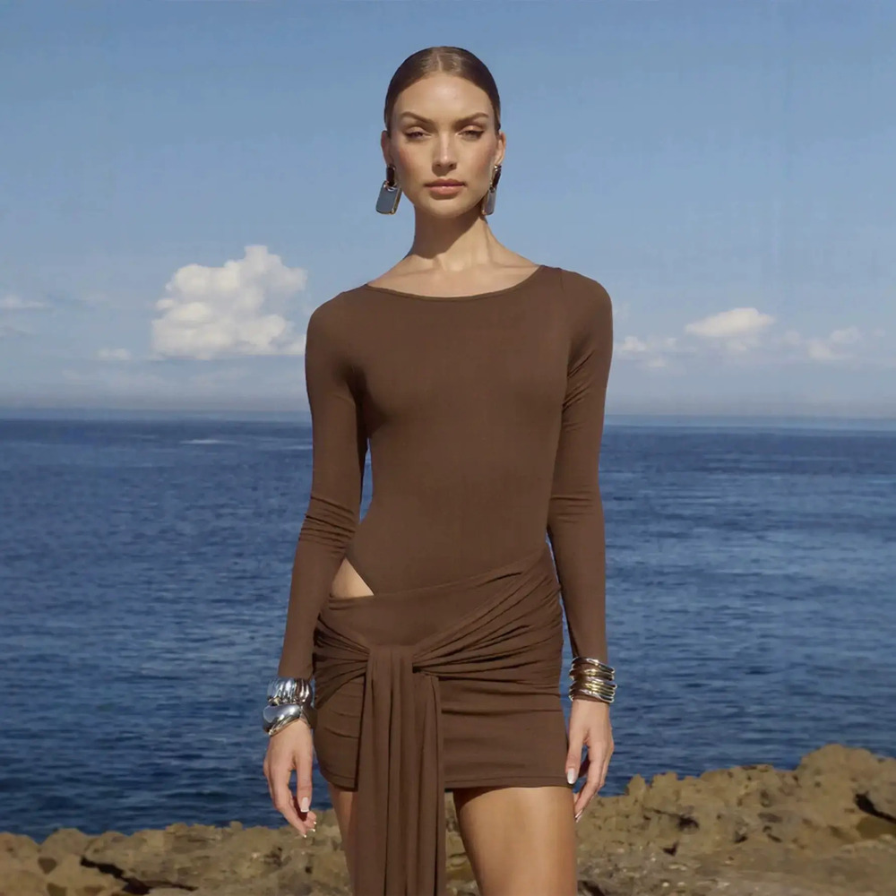 H&M Premium Fall Winter Long Sleeve Sexy Round Neck Tie Cutout Bodycon Dress